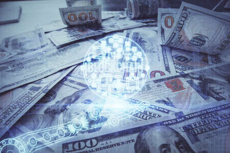 Multi exposure of crypto theme drawing over us dollars bill background. Concept of blockchain success.の写真素材