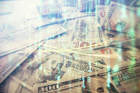 Double exposure of data theme drawing over us dollars bill background. Technology concept.の写真素材
