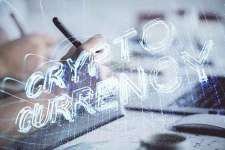 Double exposure of blockchain theme drawing over people taking notes background. Concept of cryptocurrencyの写真素材