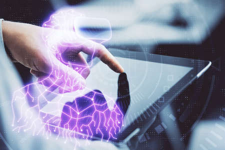 Double exposure of man's hands holding and using a digital device and AR glasses drawing. Virtual reality concept.の写真素材