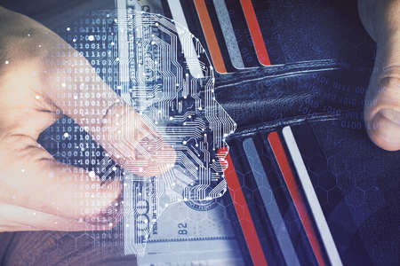 Multi exposure of brain drawing hologram and us dollars bills and man hands. Ai invest concept