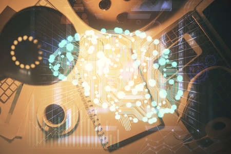 Double exposure of brain sketch and table top veiw. Concept of data analysis.