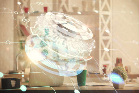 Double exposure of data theme drawing and office interior background. Concept of technology.