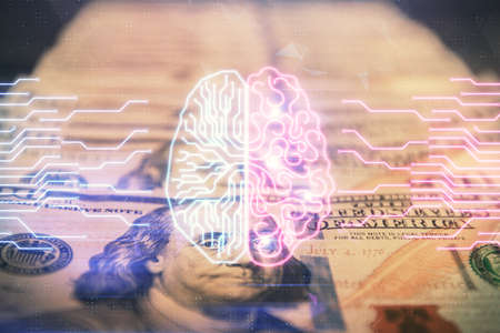 Double exposure of brain drawing over us dollars bill background. Technology concept.の写真素材