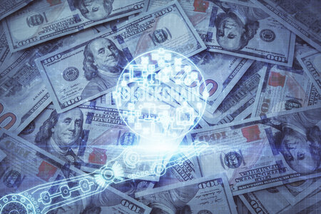 Multi exposure of crypto theme drawing over us dollars bill background. Concept of blockchain success.の写真素材