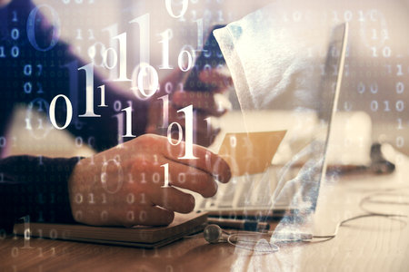 Multi exposure of man's hands holding and using a digital device and data theme drawing. Innovation...