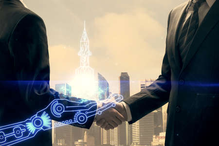 Multi exposure of creative drawing hologram and handshake of two men. Start up conceptの写真素材