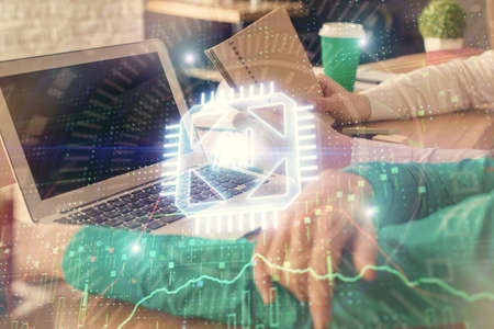 Double exposure of man and woman working together and technology theme drawing hologram. Big data...