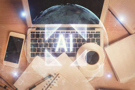 Multi exposure of data theme drawing hologram over topview work desk background with computer....