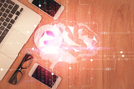 Multi exposure of brain drawing over work table desktop. Top view. Global data analysis concept.