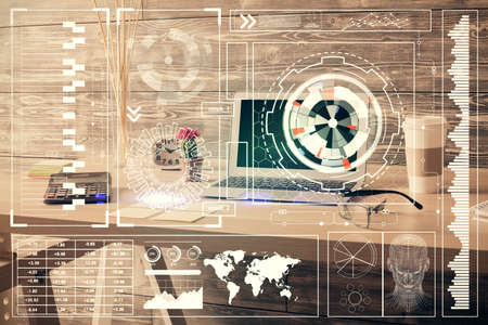 Multi exposure of data theme drawing and office interior background. Concept of technology.の写真素材