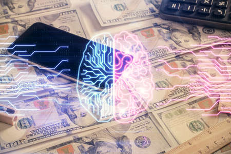 Double exposure of brain drawing over us dollars bill background. Technology concept.の写真素材