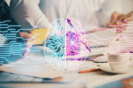 Double exposure of brain drawing over people taking notes background. Concept of Ai