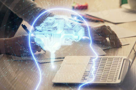 Multi exposure of woman hands working on computer and human brain hologram drawing. Ai tech concept.
