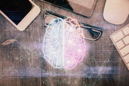 Double exposure of brain drawing over work table desktop. Top view. Global data analysis concept.の写真素材