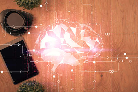 Multi exposure of brain drawing over work table desktop. Top view. Global data analysis concept.