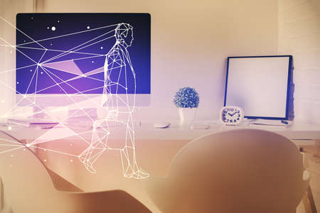 Multi exposure of creative theme drawings and office interior background.の写真素材