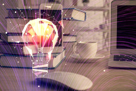 Double exposure of bulb drawing and cell phone background. Concept of idea