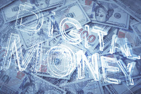 Multi exposure of crypto theme drawing over us dollars bill background. Concept of blockchain...