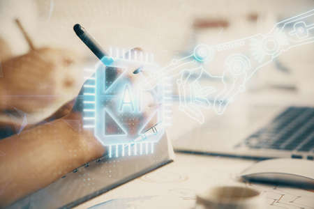 Double exposure of data theme sketch drawing over people writing background. Concept of technology
