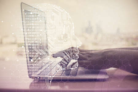 Multi exposure of woman hands working on computer and brain hologram drawing. Ai concept.