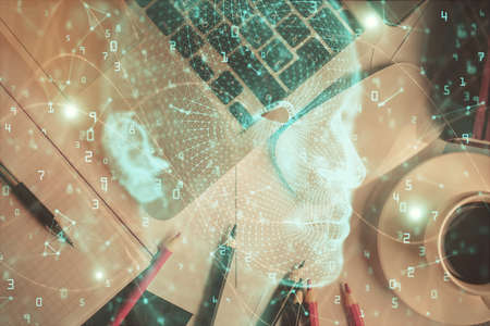 Multi exposure of brain sketch hologram over topview work table background with computer. Concept of big data.の写真素材