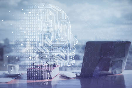 Multi exposure of brain drawings and desk with open notebook background. Concept of AI