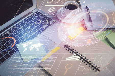 Multi exposure of technology theme drawing and desktop with coffee and items on table background....
