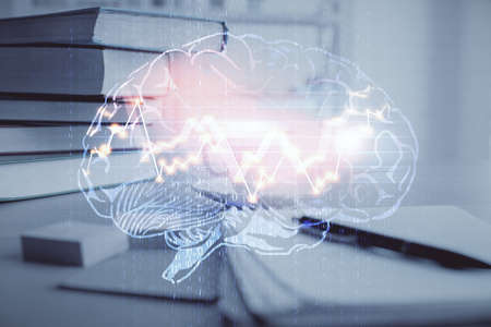 Double exposure of brain drawing and desktop with coffee and items on table background. Concept of...