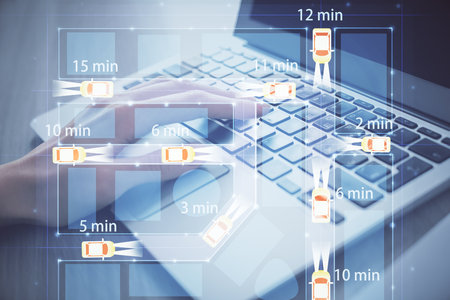 Double exposure of woman hands typing on computer and automobile theme drawing. High Tech concept.
