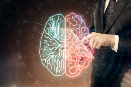Double exposure of man's hand holding and using a digital device and brain hologram drawing. Data concept.の写真素材