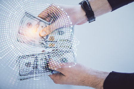 Multi exposure of brain drawing hologram and us dollars bills and man hands. Ai invest conceptの写真素材