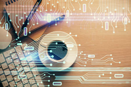 Double exposure of tech theme drawings and office interior background. Technology concept.
