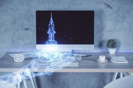 Multi exposure of creative theme drawings and office interior background.