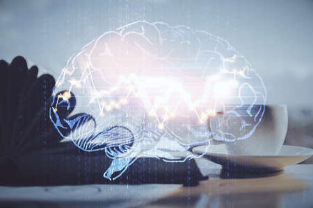 Double exposure of brain drawing and desktop with coffee and items on table background. Concept of research.の写真素材