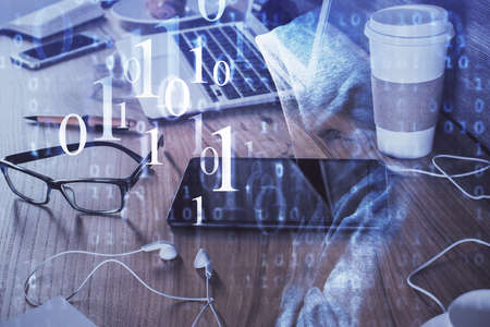 Double exposure of data theme drawing and mobile phone background. Concept of innovation