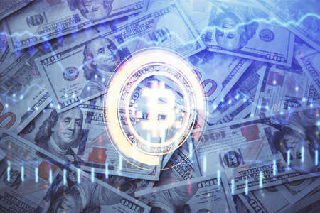 Multi exposure of crypto theme drawing over us dollars bill background. Concept of blockchain success.の写真素材