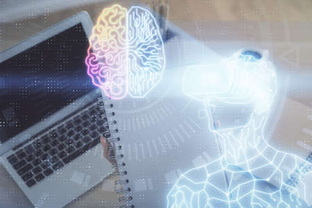 Double exposure of woman hands typing on computer and man in AR glasses drawing. Education concept.の写真素材