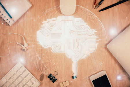 Double exposure of brain drawing over work table desktop. Top view. Global data analysis concept.の写真素材