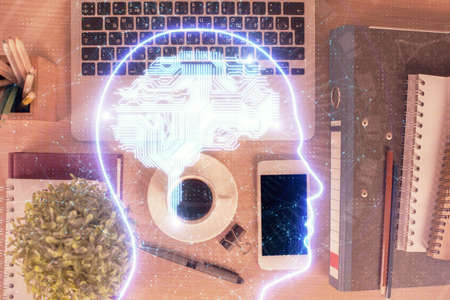 Double exposure of brain drawing over work table desktop. Top view. Global data analysis concept.の写真素材