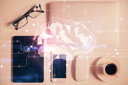 Multi exposure of brain drawing over work table desktop. Top view. Global data analysis concept.