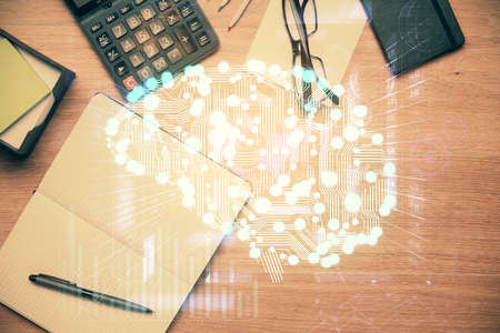 Double exposure of brain sketch and table top veiw. Concept of data analysis.