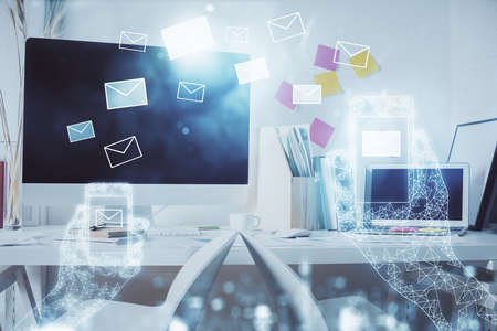 Multi exposure of envelops drawings and office interior background. E-mail concept.