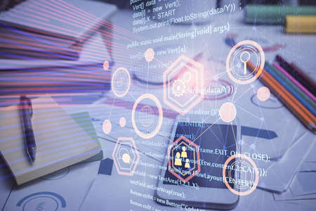 Double exposure of data theme drawing and mobile phone background. Concept of innovation