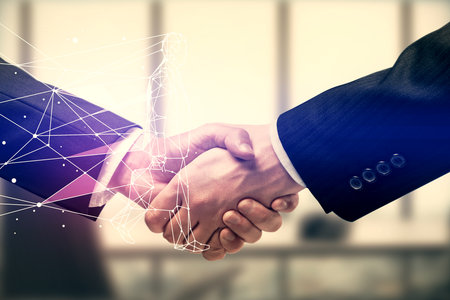Multi exposure of creative drawing hologram and handshake of two men. Start up conceptの写真素材
