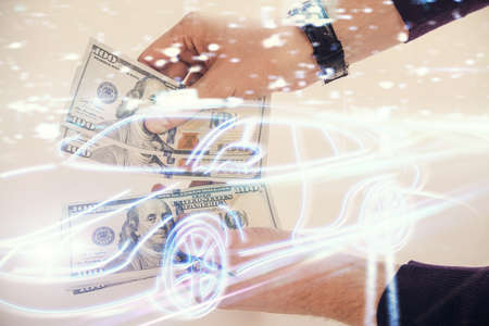 Multi exposure of Tech taxi drawing hologram and USA dollars bills and man hands. Technology...