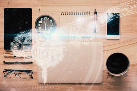 Double exposure of brain drawing over work table desktop. Top view. Global data analysis concept.