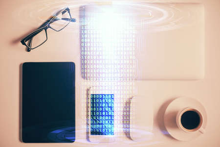 Double exposure of technology theme drawing over work table desktop. Top view. Global data analysis concept.の写真素材
