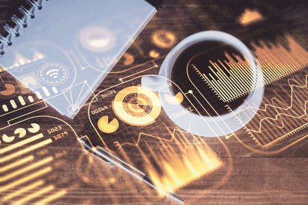 Double exposure of technology drawing and work table top veiw. Concept of hightech.