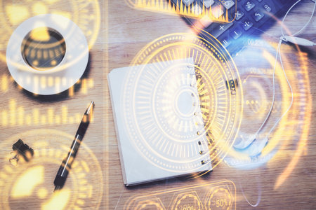 Double exposure of technology drawing and work table top veiw. Concept of hightech.の写真素材
